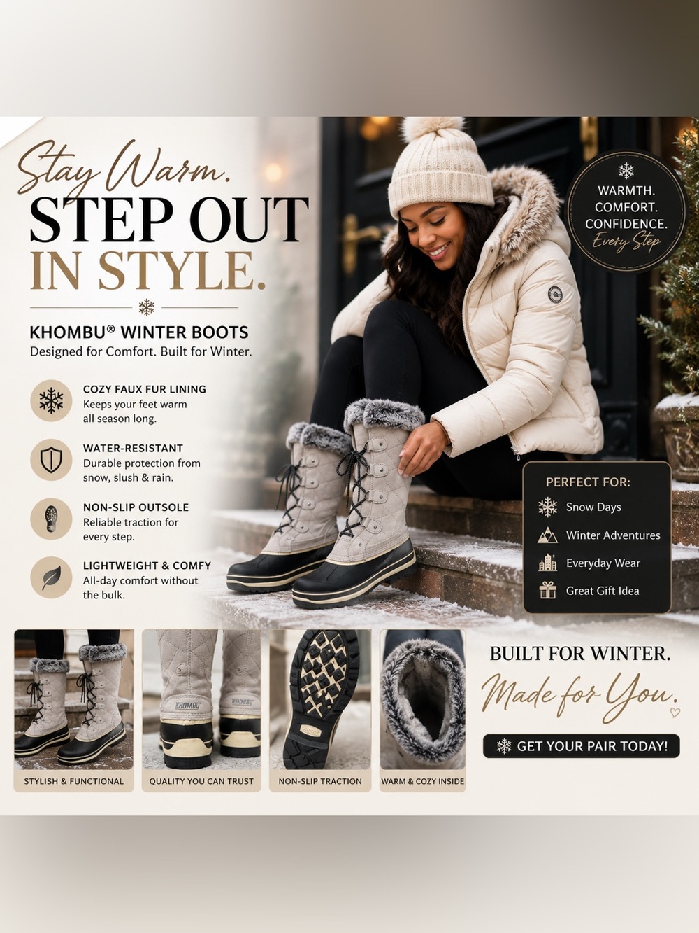 KHOMBU Women’s Winter Lace-Up Boots - Beige Faux Fur Lining SIZE 9